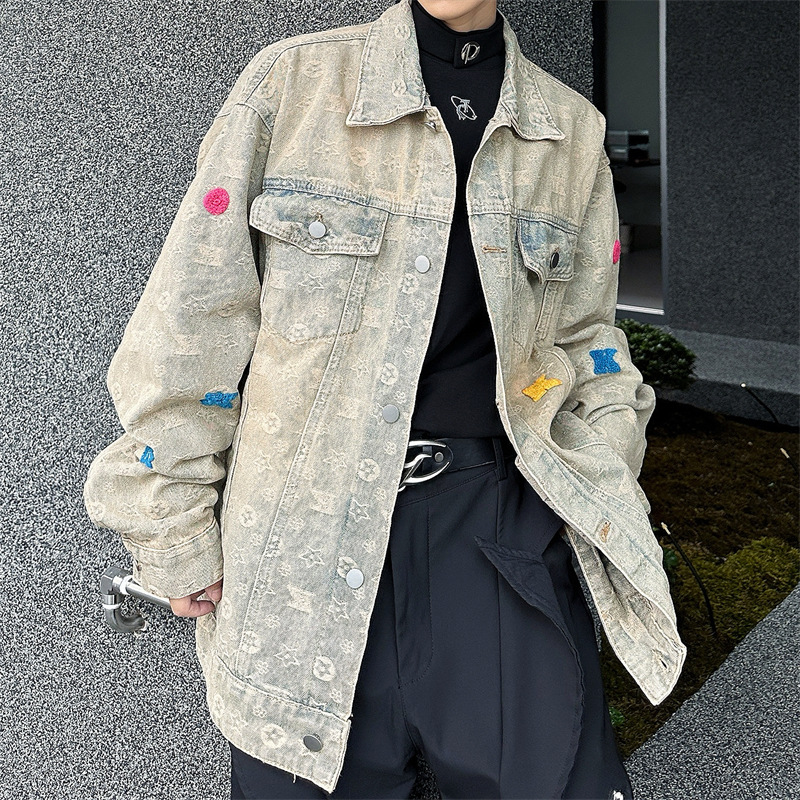 泥色牛仔夹克外套男春秋水洗做旧潮牌复古宽松高街痞帅男士夹克