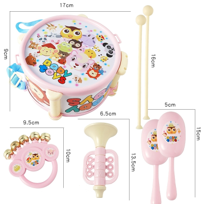 儿童玩具鼓欢乐拍拍鼓乐器小鼓7件敲鼓组合音乐敲打乐器仿爵士鼓890-9-7件套腰鼓（粉色）