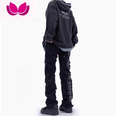 七斓美式vibe裤子高街潮牌江浙沪穿搭亚比风破洞牛仔裤男款修身微喇裤