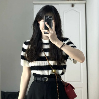 条纹针织衫短袖T恤女夏季新款韩版独特别致学生上衣短款ins潮