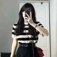 条纹针织衫短袖T恤女夏季新款韩版独特别致学生上衣短款ins潮