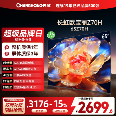 长虹欧宝丽65Z70H 内置分舱回音壁电视 双驱16晶MiniLED 云帆AI影像4K超高清平板液晶电视政府补贴