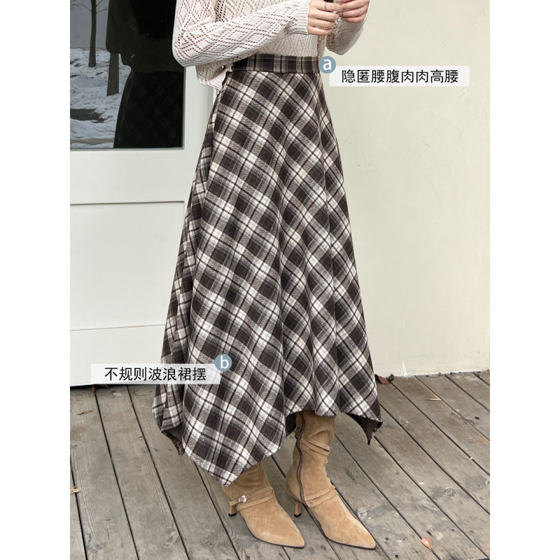 咖色格子半身裙女2026新款春秋高腰a字大摆伞裙小个子不规则半裙