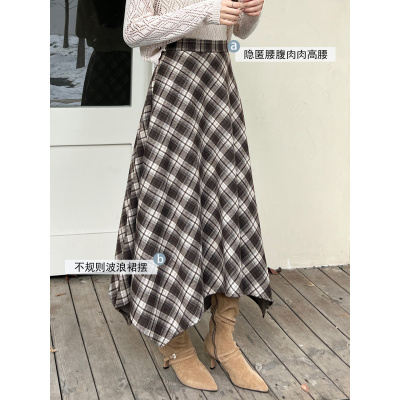 咖色格子半身裙女2026新款春秋高腰a字大摆伞裙小个子不规则半裙