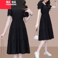 YIBUSHENG短袖连衣裙女中长款2024季新款洋气质收腰显瘦黑色微胖减龄裙子