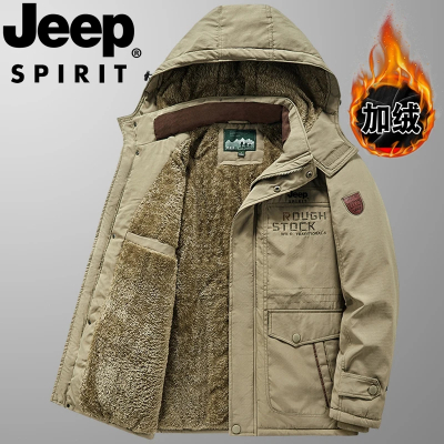 JEEP吉普棉衣加绒加厚外套男户外大码爸爸冬装棉服多袋中长款棉袄