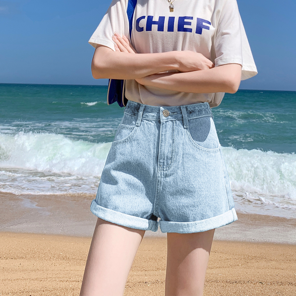 [2.5折价60元]唐狮夏季短裤女宽松休闲基础卷边牛仔短裤高腰显瘦直筒牛仔短裤子女