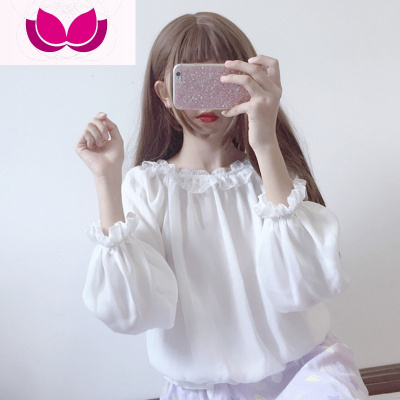 七斓秋装甜美日系少女宽松百搭蕾丝花边圆领泡泡袖雪纺衫纯色打底上衣