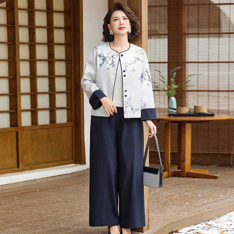气质宽松妈妈套装女大码加大加肥女装50岁古风中老年装宽松春秋款