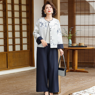气质宽松妈妈套装女大码加大加肥女装50岁古风中老年装宽松春秋款