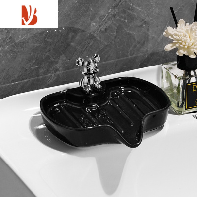 三维工匠轻奢陶瓷肥皂盒香皂置物架免打孔创意沥水架不积水家用收纳器 银色陶瓷小熊肥皂碟-黑色款