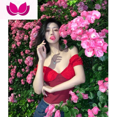 七斓设计感V领褶皱T恤女夏季短款紧身显瘦纯欲风性感露肩上衣