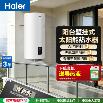 海尔(Haier)太阳能热水器家用阳台壁挂式80升大容量自动补水光电两用WIFI互联无电可加热东出口集光板套装-西出口