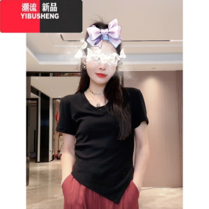 YIBUSHENG2024新款设计感小众独特别致上衣大码胖mm遮肉正肩短袖白色T恤女