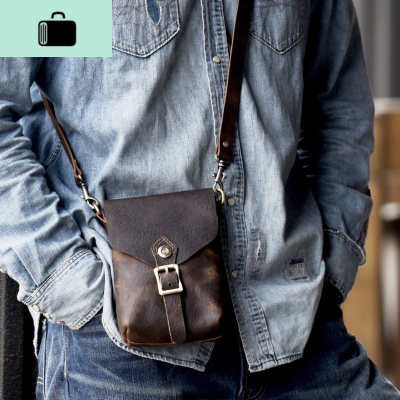 男士斜挎包头层牛皮迷你耐用小单肩包复古疯马皮皮休闲款手机包NEW LAKE