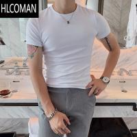 HLCOMAN英伦夏季白色弹力t恤修身网红短袖T恤男韩版百搭黑色紧身打底衫潮
