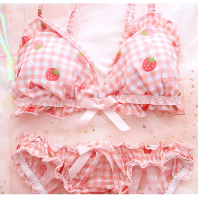 suntek莓格子少女无钢圈睡眠文胸网纱粉软妹甜美学生内衣套装