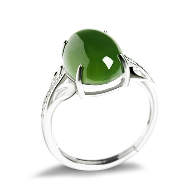 帛兰梓韵天然和田碧玉戒指S925银镶碧玉戒指女款时尚玉石戒指镂空活扣气质指环碧玉活扣