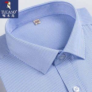 啄木鸟春夏季男士长袖衬衫商务职业正装中年条纹高棉DP免烫白衬衣