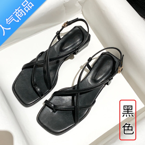 SUNTEK夹趾凉鞋夏季女鞋子搭配裙子仙女鞋法式露趾黑色平底鞋低跟罗马鞋