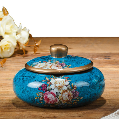 欧式复古陶瓷大号带盖烟灰缸现代简约创意家居客厅装饰茶几摆件-蓝色百花带盖