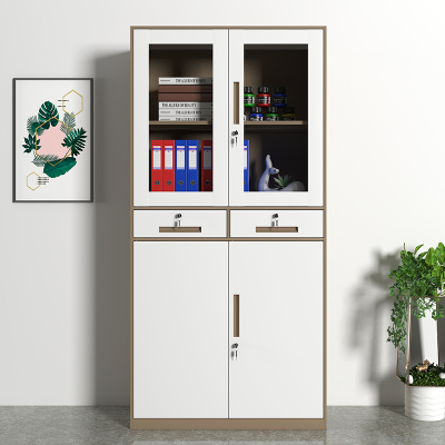 初嘉WJGT-011钢制文件柜窄边资料柜拆装档案柜带锁储物柜咖白套中二斗文件柜