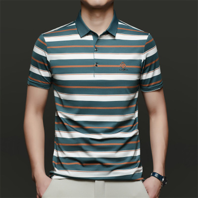 春夏新款男士条纹短袖Polo衫商务休闲商务爸爸装翻领时尚男装
