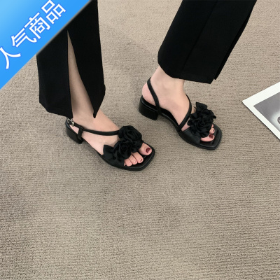 SUNTEK法式晚风花朵低跟凉鞋夏季款配裙子韩系女鞋子设计感小众粗跟凉拖