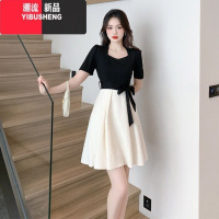 YIBUSHENG假两件短袖方领收腰连衣裙女装2024季新款梨型身材穿搭茶歇裙子