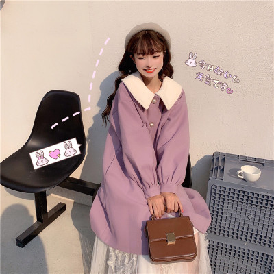 FISHBASKET日系甜美撞色娃娃领长袖宽松百搭学生加厚中长款毛呢大衣外套女冬毛呢外套