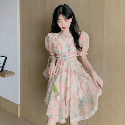 玳恩网红甜美印花裙子性感V领上衣女+半身裙高腰A字裙短裙两件套套装