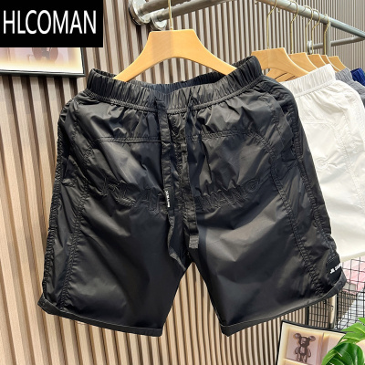 HLCOMAN刺绣冰丝速干短裤男夏季薄款潮牌沙滩裤子美式宽松运动休闲五分裤