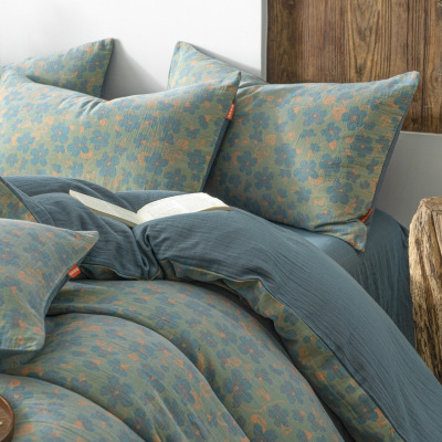 A类色织双层纱四件套纯棉复古感母婴被套罩四季通用