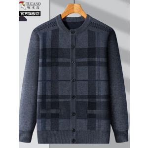 啄木鸟新款秋冬男士丝绒加厚开衫中老年大码宽松格纹长袖衫