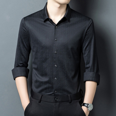 新款中年男士树皮条纹长袖衬衫春秋季休闲时尚简约气质男装