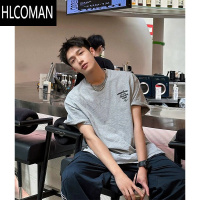HLCOMANins美式复古字母简约短袖T恤男夏季正肩宽松小领口半袖上衣潮