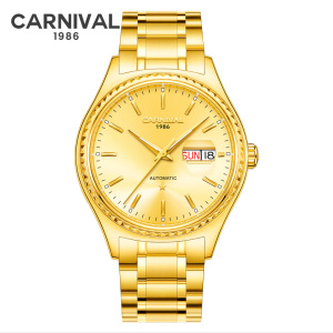 瑞士品牌嘉年华Carnival时尚金色男士手表全金自动机械表 男表双日历进口Miyota机芯腕表防水镶水钻夜光8889G