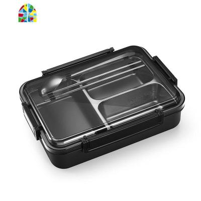 保温饭盒便当盒学生便携上班族分格餐盒餐盘套装分隔型不锈钢盘大 FENGHOU 3格黑+勺筷