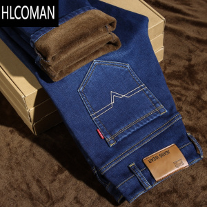 HLCOMAN冬天加绒加厚牛仔裤男士休闲黑色加棉裤子弹力直筒中年p暖男裤40