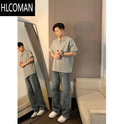 HLCOMAN花灰色polo衫男痞帅衬衫领t恤男夏季成熟稳重男装短袖五分袖