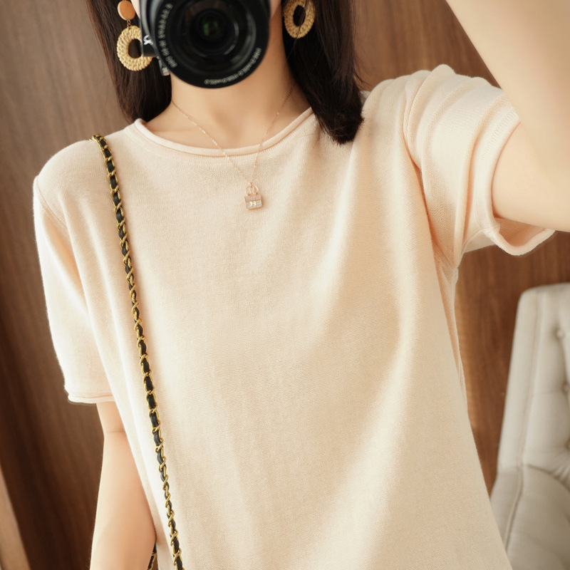 棉线卷边针织衫女新款短袖宽松百搭打底T恤上衣女潮