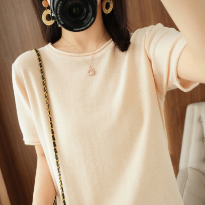 棉线卷边针织衫女新款短袖宽松百搭打底T恤上衣女潮