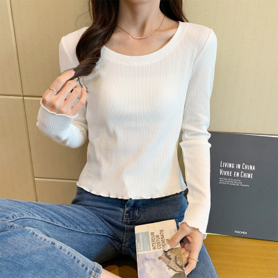 [1折价29.9元,叠加优惠券]春季打底衫女圆领坑条内搭长袖T恤上衣简约时尚百搭