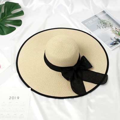 优雅女士超大帽檐可折叠防晒帽海边度假草帽蝴蝶结圆顶遮阳沙滩帽