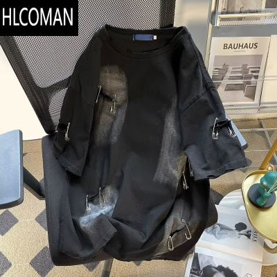 HLCOMAN高街痞帅水洗做旧乞丐破洞t恤男女夏美式潮牌hiphop短袖情侣上衣