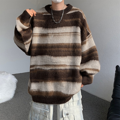 男装新款圆领毛衣男休闲撞色条纹针织衫宽松慵懒风穿搭情侣打底衫