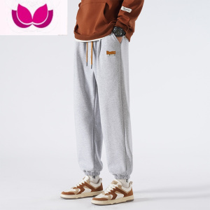 七斓灰色运动裤子男加绒春款潮牌宽松束脚休闲长裤卫裤大码针织