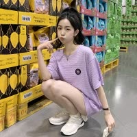 [1.5折价48元]唐狮紫色肌理感短袖T恤女别致夏季新款圆领美式休闲宽松上衣f