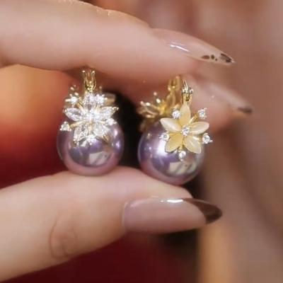 轻奢紫色锆石花朵双面珍珠耳扣女小众设计气质时尚高级感耳环耳饰送女朋友老婆情人节七夕生日礼物