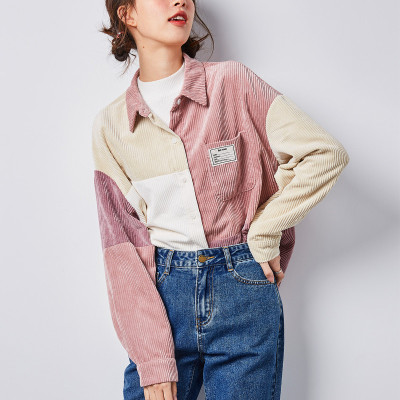 [2.5折价89.9元,叠加优惠券]唐狮上衣女新款多色拼接灯芯绒衬衫韩版宽松设计感小众潮